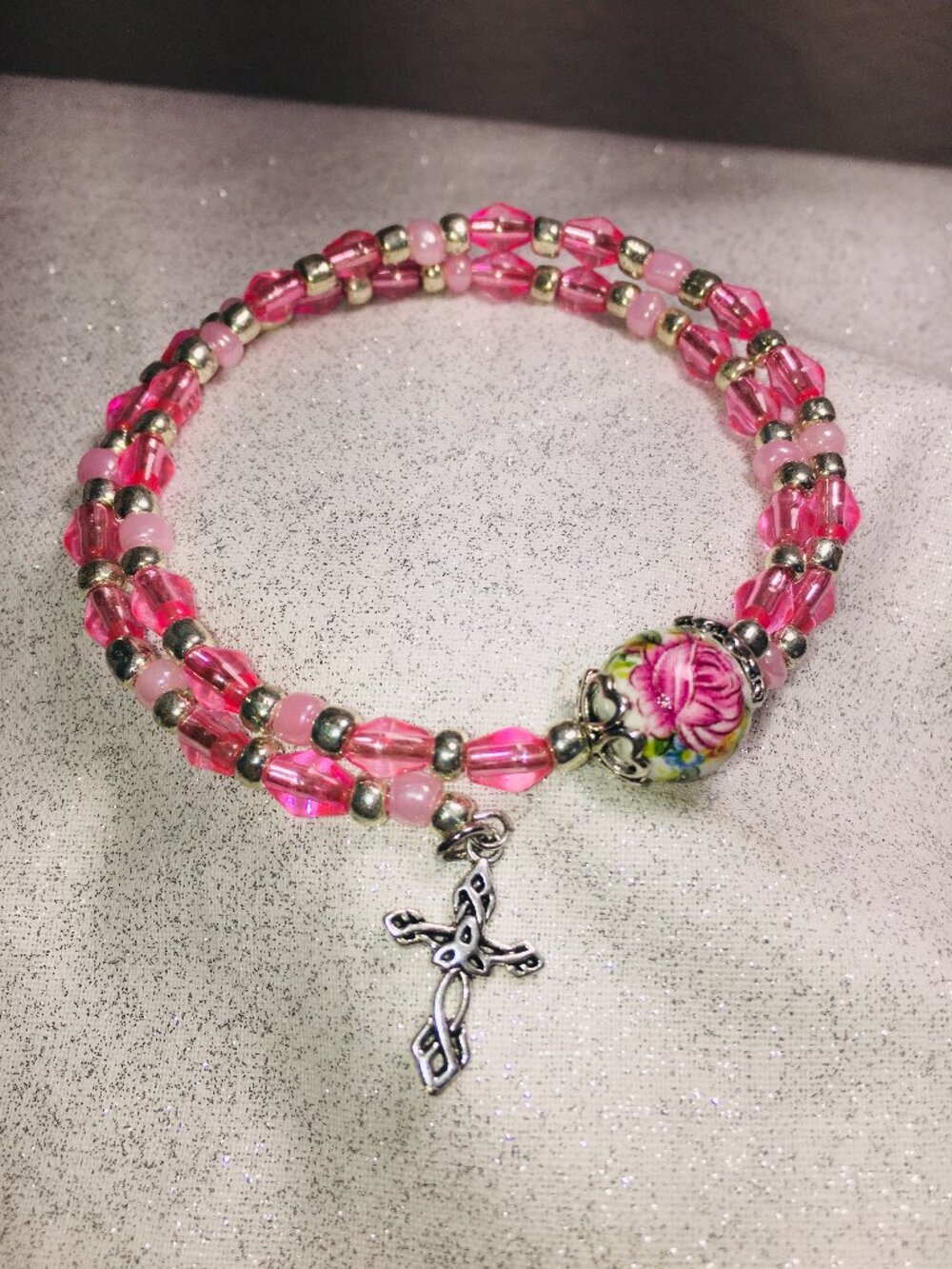 Pink & Silver Memory Wire Bracelet w/ Floral Bead & Cross Charm